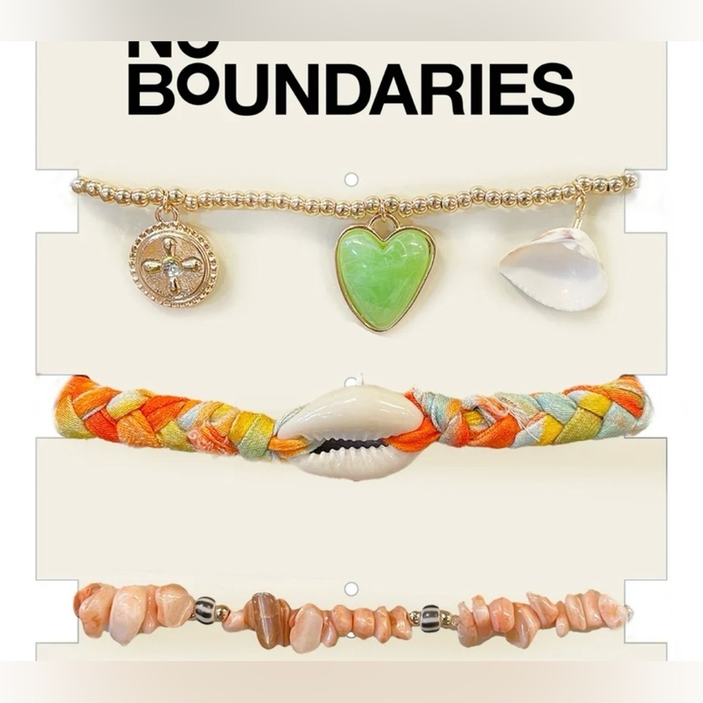 No Boundaries 3-Piece Beach Charm Bracelet Set Shell‎ Heart Boho Stackable Gold
